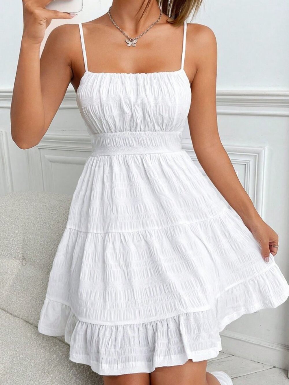 White Casual Women's Ruched Bust Shirred Back Ruffle Hem Cami Graduation Dress - Picture 6 of 6